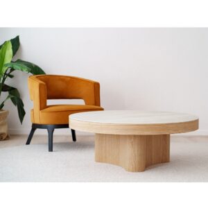 Mesa de centro redonda de madera y cerámico gris - CURVA 105 - VP Interiorismo