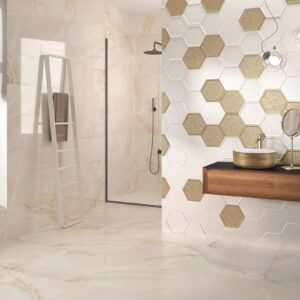 Azulejo cerámico hexagonal Majestic Decor Nácar con relieve luminoso - Dune